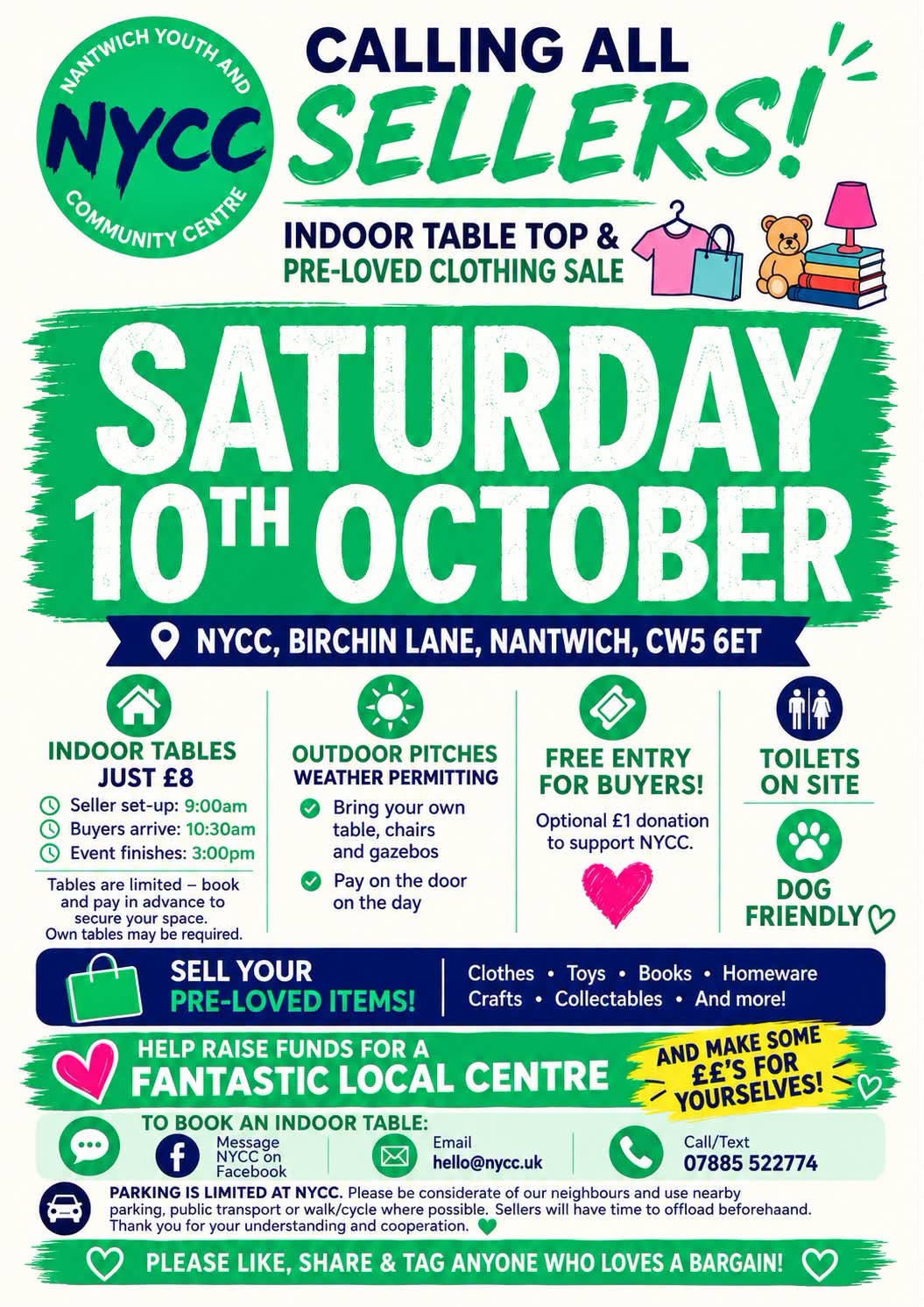 Poster advertising NYCC’s indoor table top and pre-loved clothing sale on Saturday 10 October 2026 at Birchin Lane, Nantwich. Indoor seller tables cost £8; set-up starts at 9am. To book, email hello@nycc.uk or call 07885 522774.