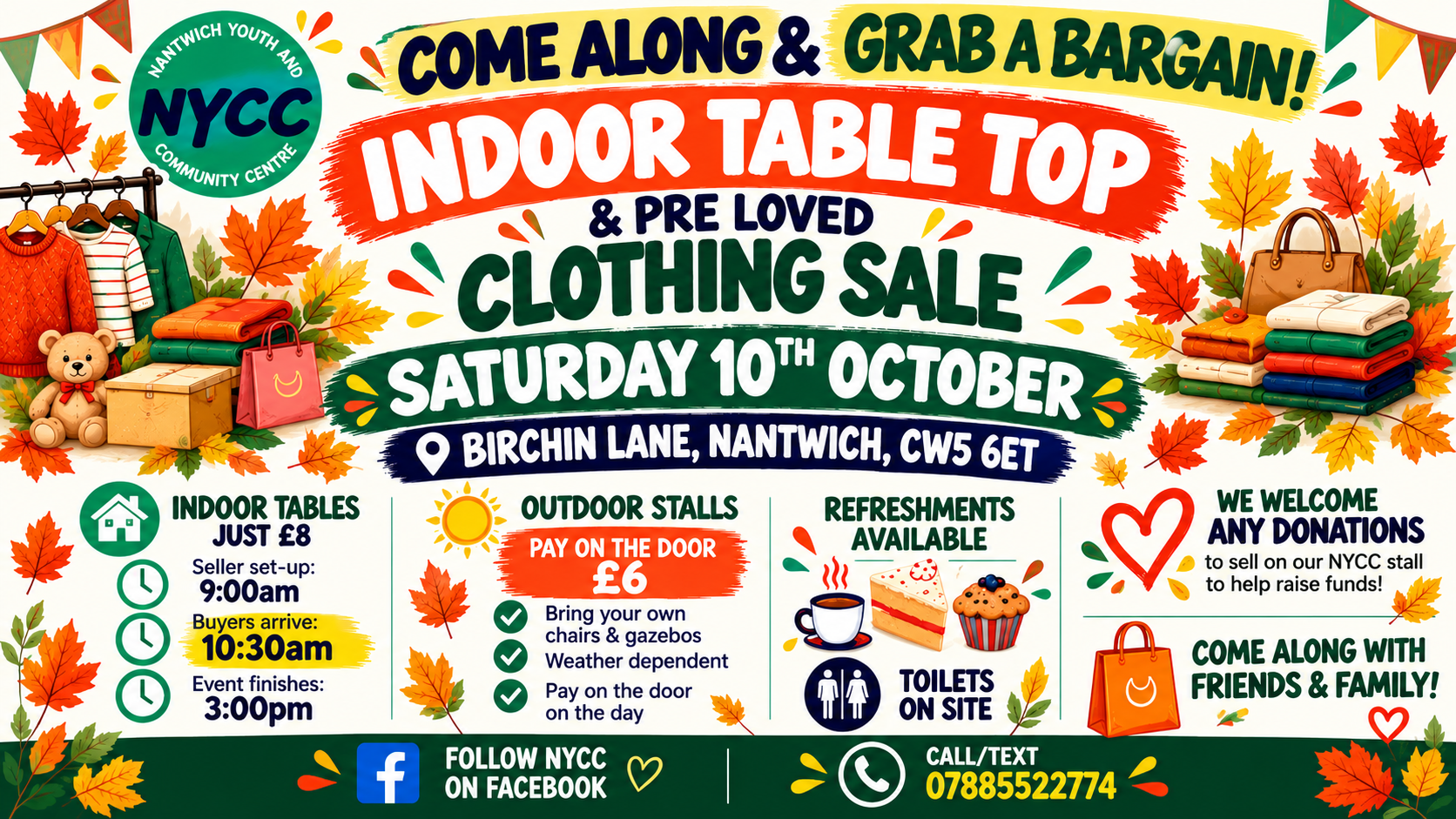 Poster advertising NYCC’s indoor table top and pre-loved clothing sale on Saturday 10 October 2026 at Birchin Lane, Nantwich. Indoor seller tables cost £8; set-up starts at 9am. To book, email hello@nycc.uk or call 07885 522774.